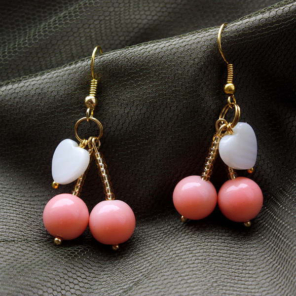 Cherry Shell Heart Earrings Cherries Earrings Pink Cherry Earrings Bead